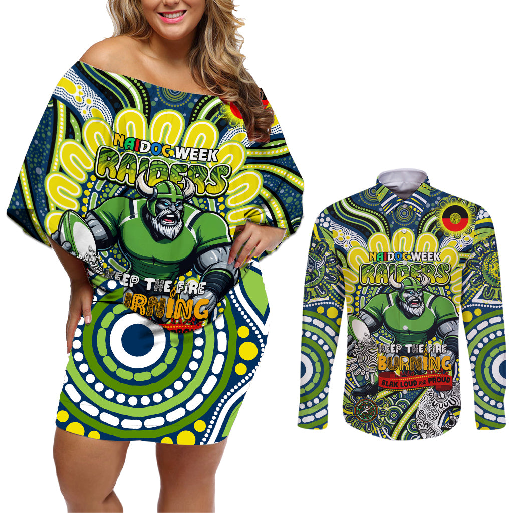 Custom NAIDOC Week 2024 Raiders Couples Matching Off Shoulder Short Dress and Long Sleeve Button Shirt Mascot Rugby DT02