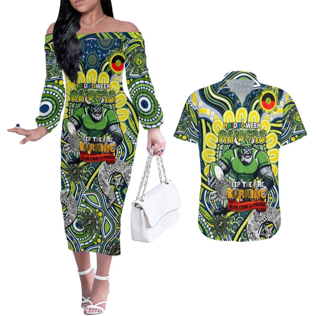 Custom NAIDOC Week 2024 Raiders Couples Matching Off The Shoulder Long Sleeve Dress and Hawaiian Shirt Mascot Rugby DT02