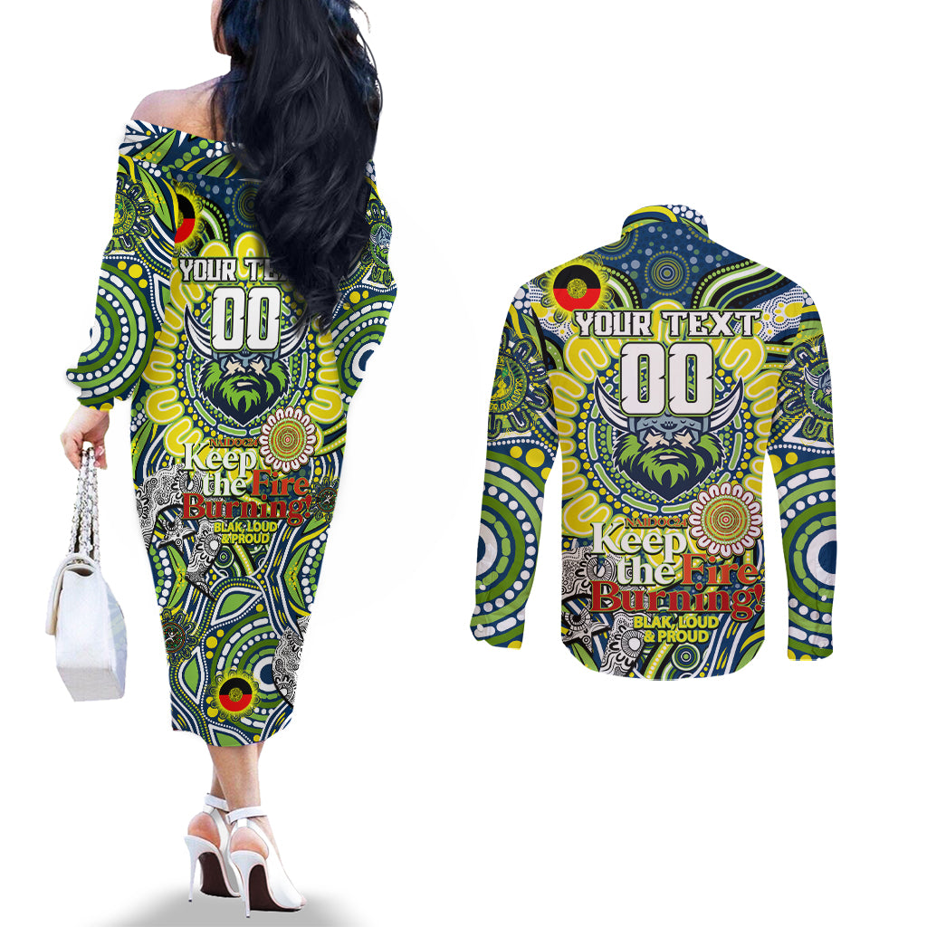 Custom NAIDOC Week 2024 Raiders Couples Matching Off The Shoulder Long Sleeve Dress and Long Sleeve Button Shirt Mascot Rugby DT02