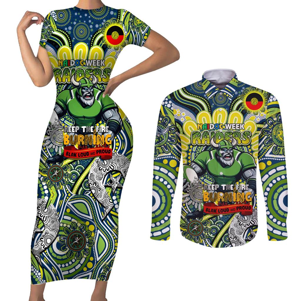 Custom NAIDOC Week 2024 Raiders Couples Matching Short Sleeve Bodycon Dress and Long Sleeve Button Shirt Mascot Rugby DT02