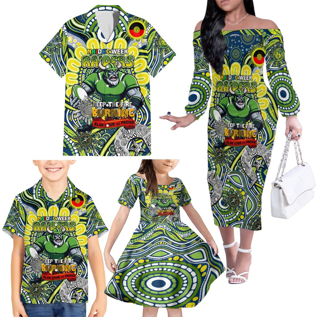 Custom NAIDOC Week 2024 Raiders Family Matching Off The Shoulder Long Sleeve Dress and Hawaiian Shirt Mascot Rugby DT02
