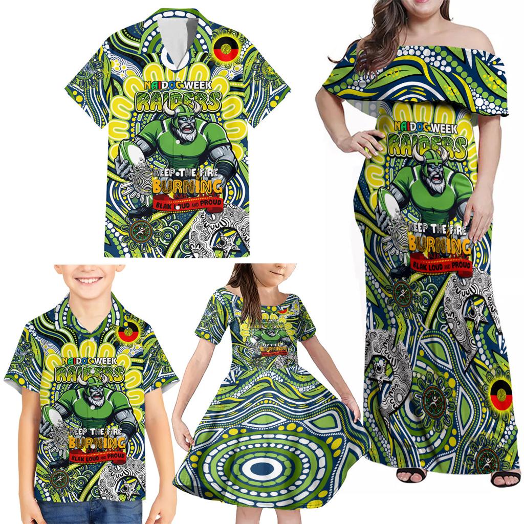 Custom NAIDOC Week 2024 Raiders Family Matching Off Shoulder Maxi Dress and Hawaiian Shirt Mascot Rugby DT02