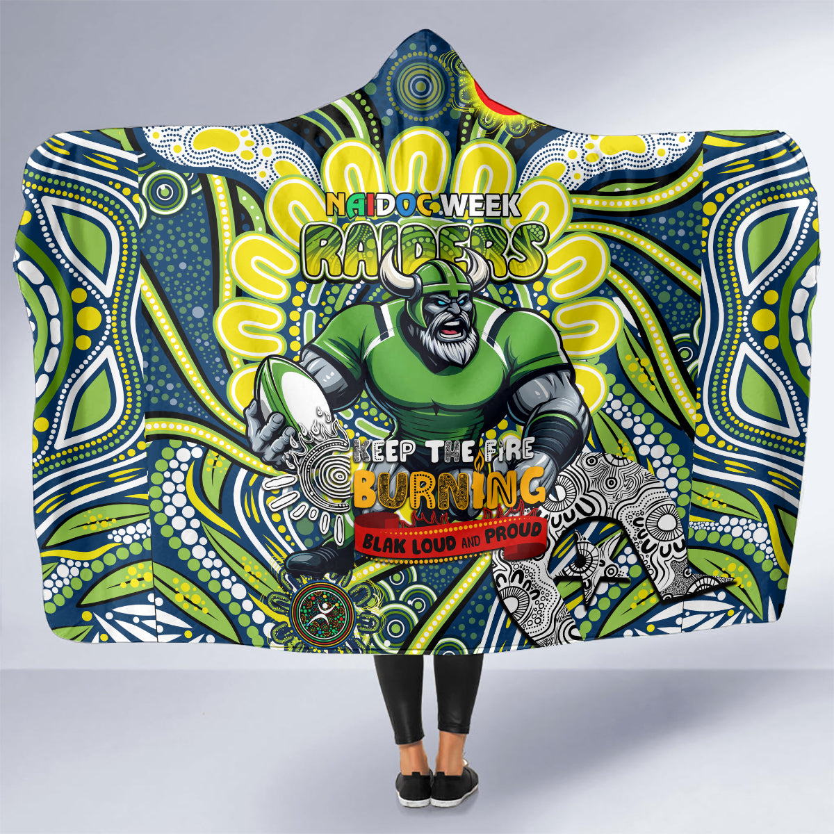 Custom NAIDOC Week 2024 Raiders Hooded Blanket Mascot Rugby DT02