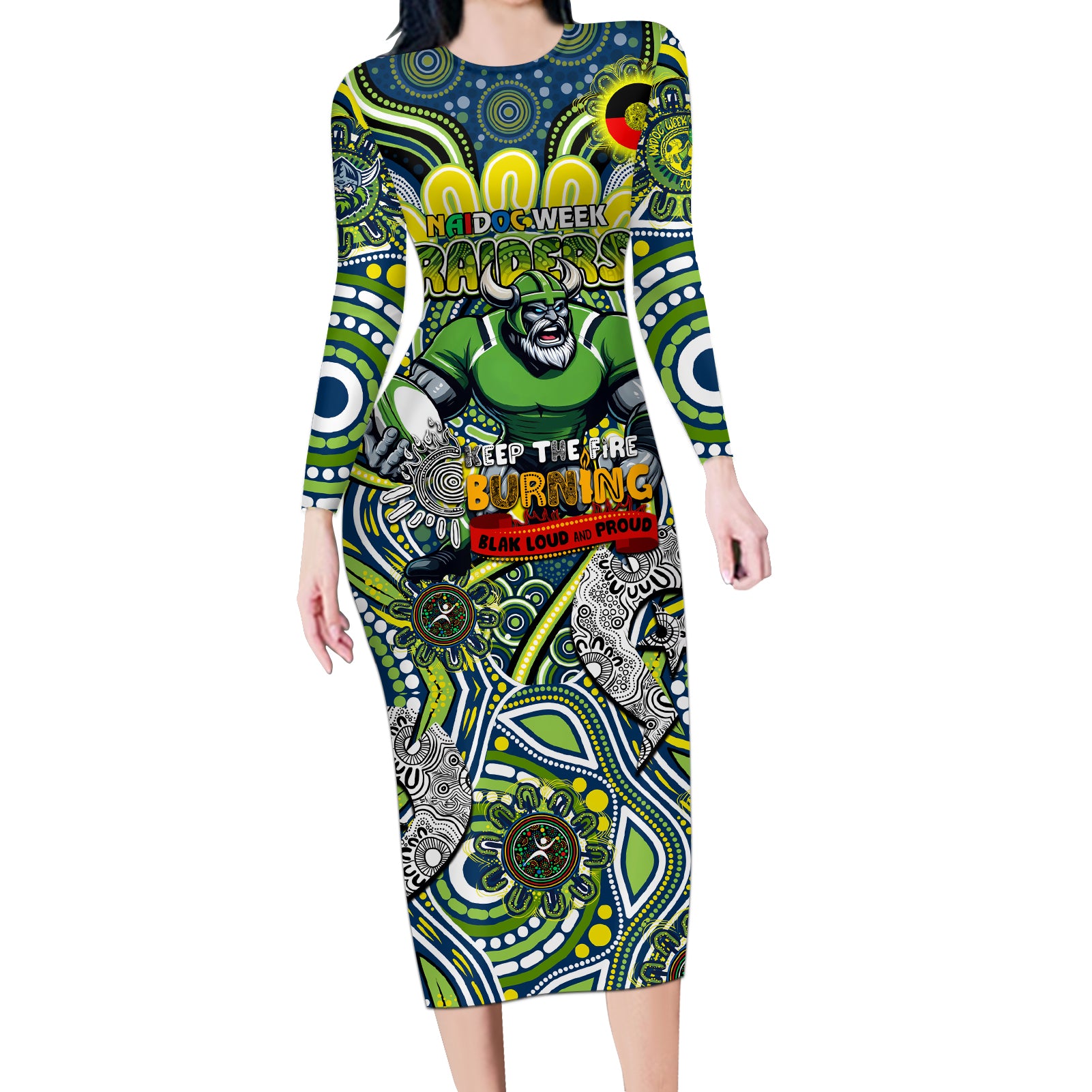 Custom NAIDOC Week 2024 Raiders Long Sleeve Bodycon Dress Mascot Rugby DT02