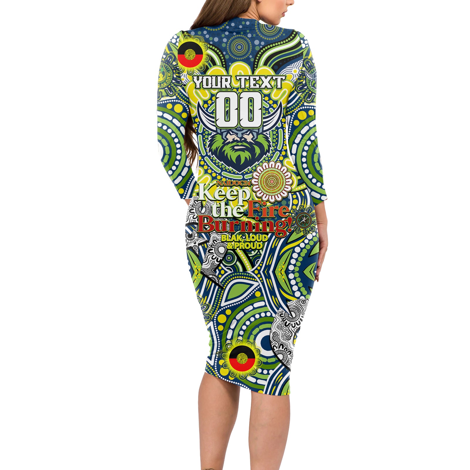 Custom NAIDOC Week 2024 Raiders Long Sleeve Bodycon Dress Mascot Rugby DT02