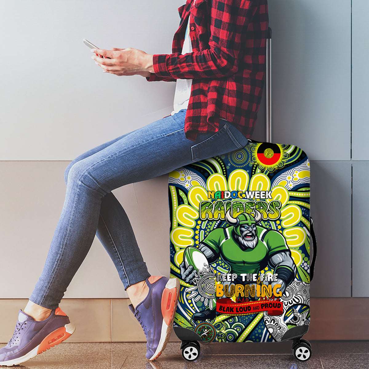 Custom NAIDOC Week 2024 Raiders Luggage Cover Mascot Rugby DT02
