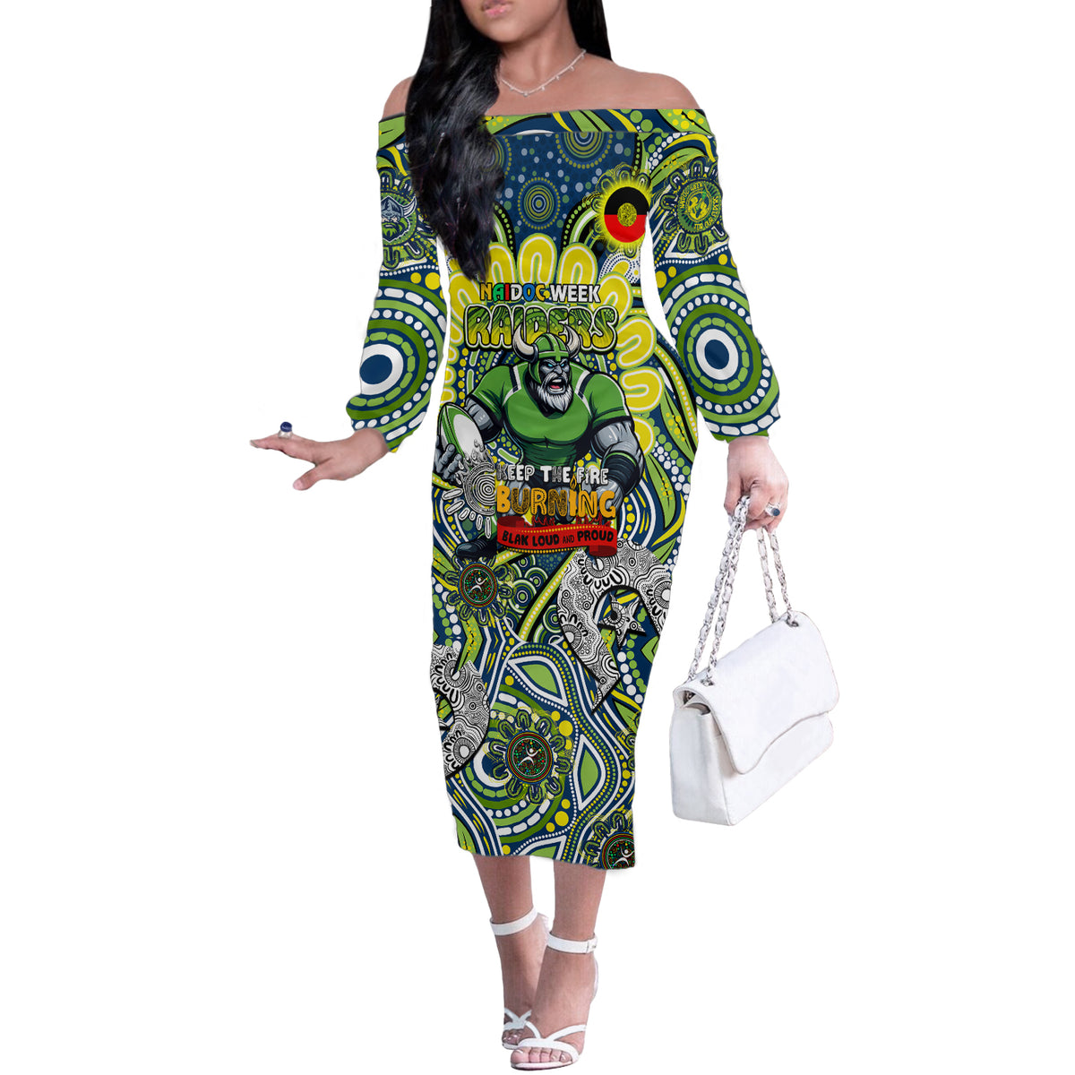 Custom NAIDOC Week 2024 Raiders Off The Shoulder Long Sleeve Dress Mascot Rugby DT02