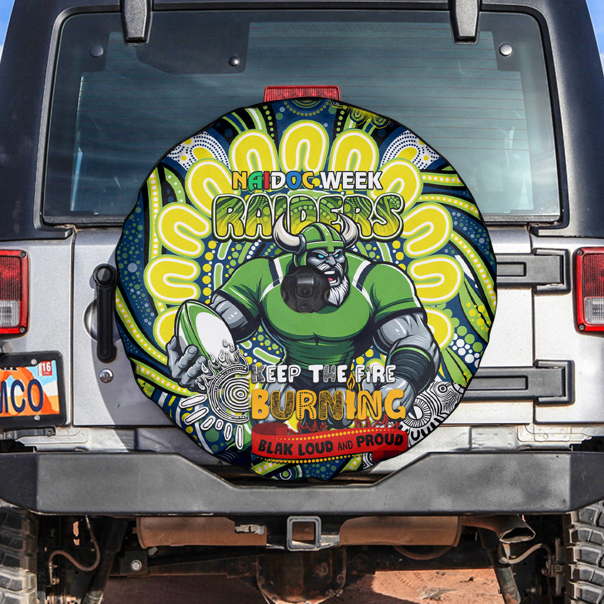 Custom NAIDOC Week 2024 Raiders Spare Tire Cover Mascot Rugby DT02