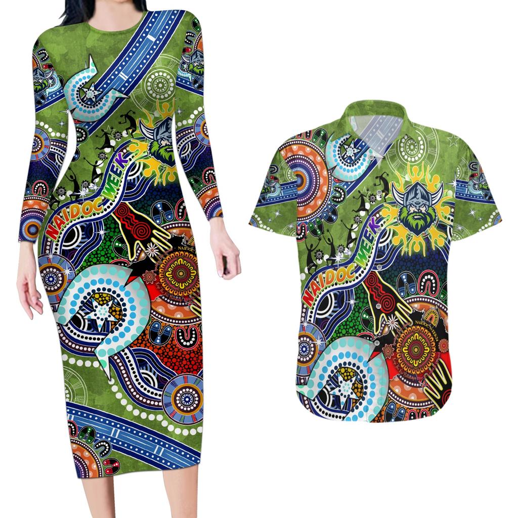 Personalised Raiders NAIDOC Week 2024 Couples Matching Long Sleeve Bodycon Dress and Hawaiian Shirt Australia Aboriginal Dot Painting