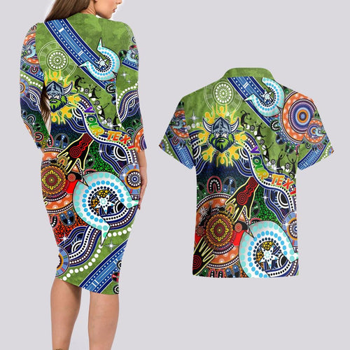 Personalised Raiders NAIDOC Week 2024 Couples Matching Long Sleeve Bodycon Dress and Hawaiian Shirt Australia Aboriginal Dot Painting