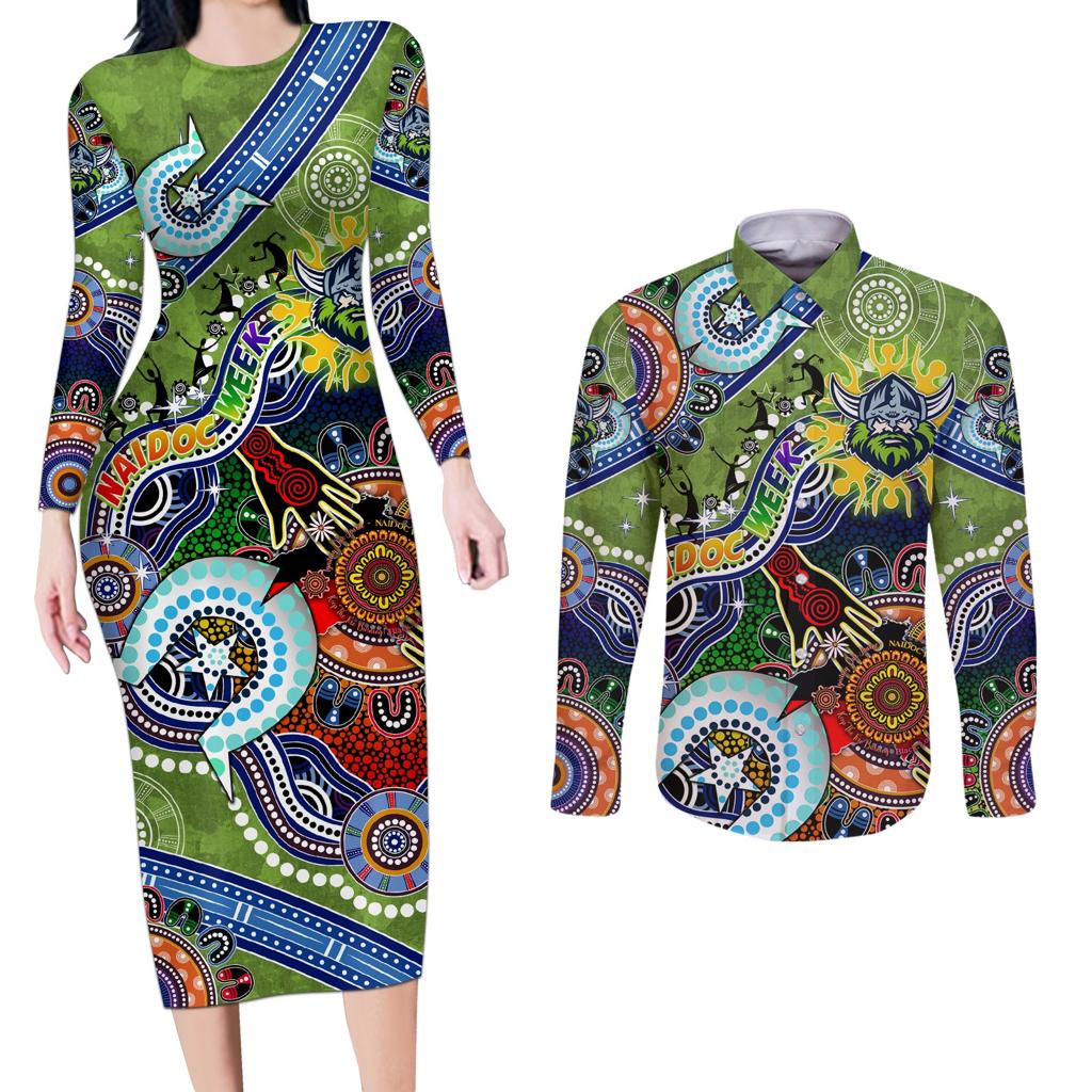 Personalised Raiders NAIDOC Week 2024 Couples Matching Long Sleeve Bodycon Dress and Long Sleeve Button Shirt Australia Aboriginal Dot Painting