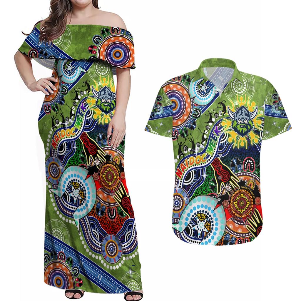 Personalised Raiders NAIDOC Week 2024 Couples Matching Off Shoulder Maxi Dress and Hawaiian Shirt Australia Aboriginal Dot Painting