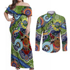 Personalised Raiders NAIDOC Week 2024 Couples Matching Off Shoulder Maxi Dress and Long Sleeve Button Shirt Australia Aboriginal Dot Painting