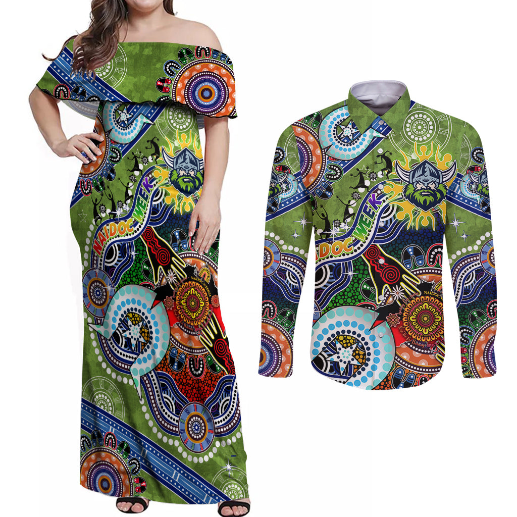 Personalised Raiders NAIDOC Week 2024 Couples Matching Off Shoulder Maxi Dress and Long Sleeve Button Shirt Australia Aboriginal Dot Painting