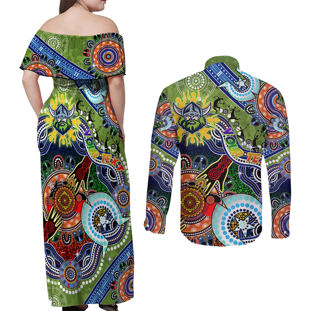 Personalised Raiders NAIDOC Week 2024 Couples Matching Off Shoulder Maxi Dress and Long Sleeve Button Shirt Australia Aboriginal Dot Painting