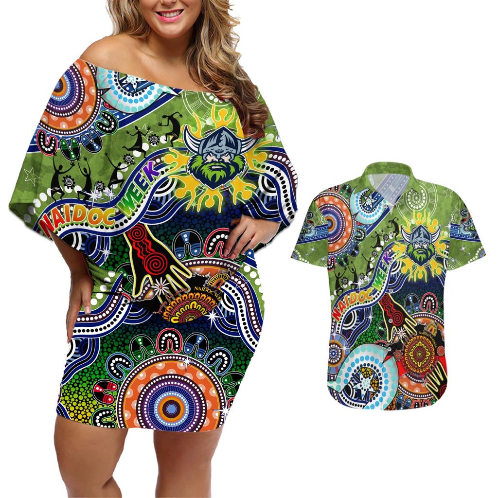 Personalised Raiders NAIDOC Week 2024 Couples Matching Off Shoulder Short Dress and Hawaiian Shirt Australia Aboriginal Dot Painting
