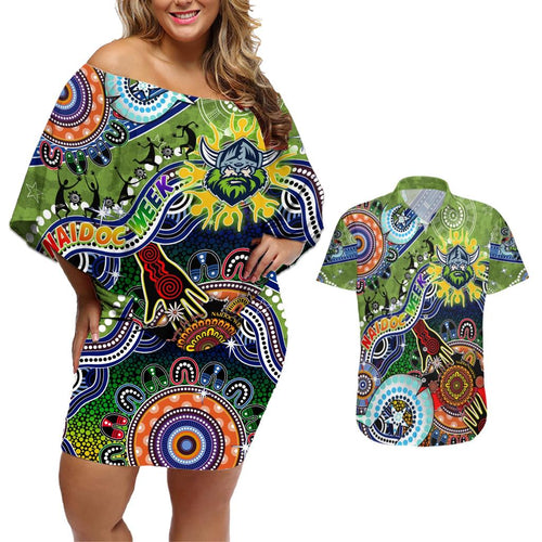 Personalised Raiders NAIDOC Week 2024 Couples Matching Off Shoulder Short Dress and Hawaiian Shirt Australia Aboriginal Dot Painting