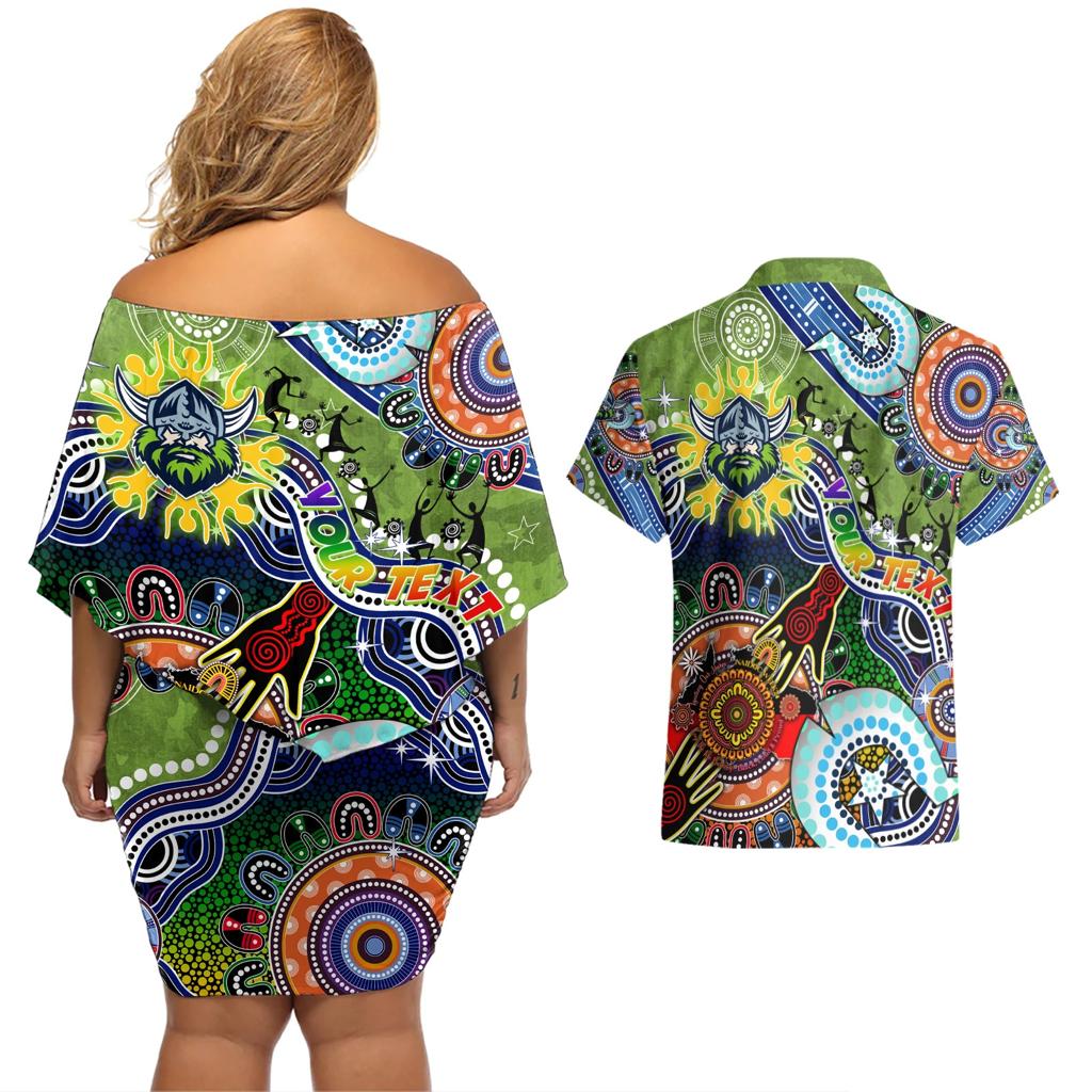 Personalised Raiders NAIDOC Week 2024 Couples Matching Off Shoulder Short Dress and Hawaiian Shirt Australia Aboriginal Dot Painting