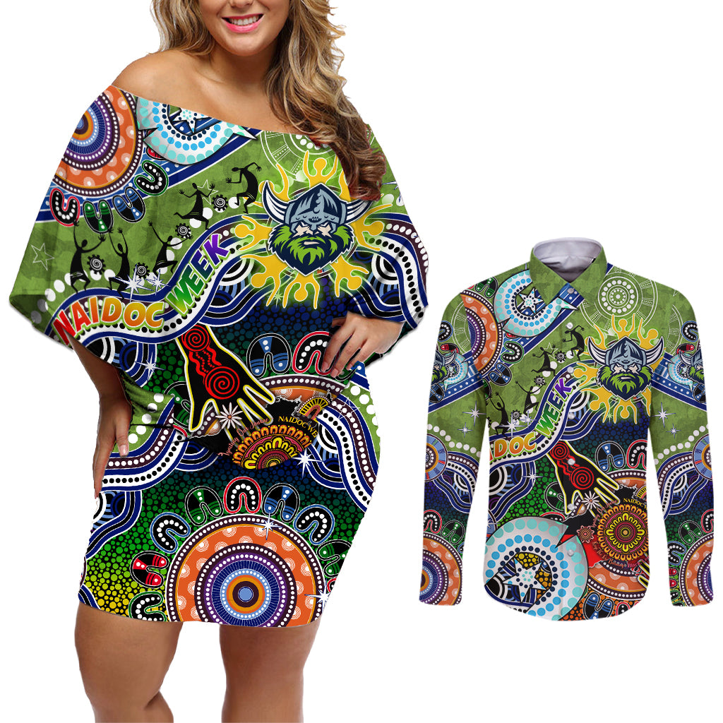 Personalised Raiders NAIDOC Week 2024 Couples Matching Off Shoulder Short Dress and Long Sleeve Button Shirt Australia Aboriginal Dot Painting