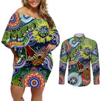 Personalised Raiders NAIDOC Week 2024 Couples Matching Off Shoulder Short Dress and Long Sleeve Button Shirt Australia Aboriginal Dot Painting