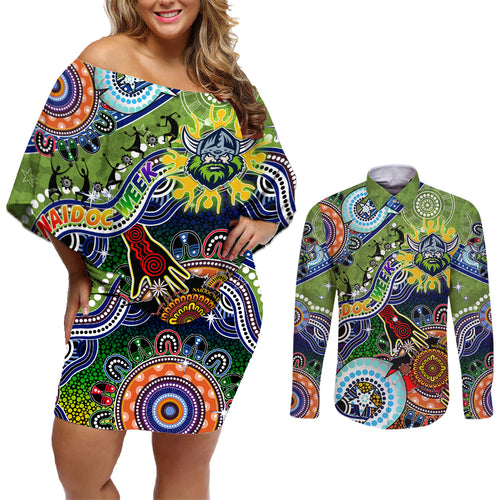 Personalised Raiders NAIDOC Week 2024 Couples Matching Off Shoulder Short Dress and Long Sleeve Button Shirt Australia Aboriginal Dot Painting