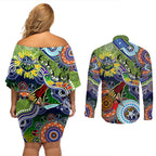 Personalised Raiders NAIDOC Week 2024 Couples Matching Off Shoulder Short Dress and Long Sleeve Button Shirt Australia Aboriginal Dot Painting