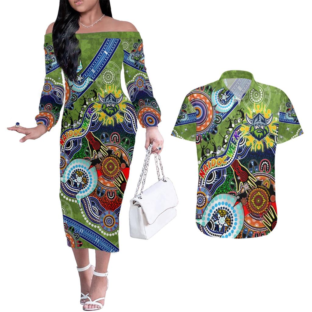 Personalised Raiders NAIDOC Week 2024 Couples Matching Off The Shoulder Long Sleeve Dress and Hawaiian Shirt Australia Aboriginal Dot Painting