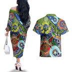 Personalised Raiders NAIDOC Week 2024 Couples Matching Off The Shoulder Long Sleeve Dress and Hawaiian Shirt Australia Aboriginal Dot Painting