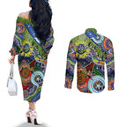 Personalised Raiders NAIDOC Week 2024 Couples Matching Off The Shoulder Long Sleeve Dress and Long Sleeve Button Shirt Australia Aboriginal Dot Painting