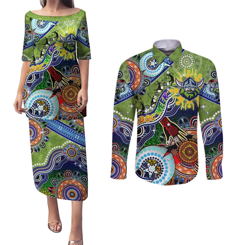 Personalised Raiders NAIDOC Week 2024 Couples Matching Puletasi and Long Sleeve Button Shirt Australia Aboriginal Dot Painting