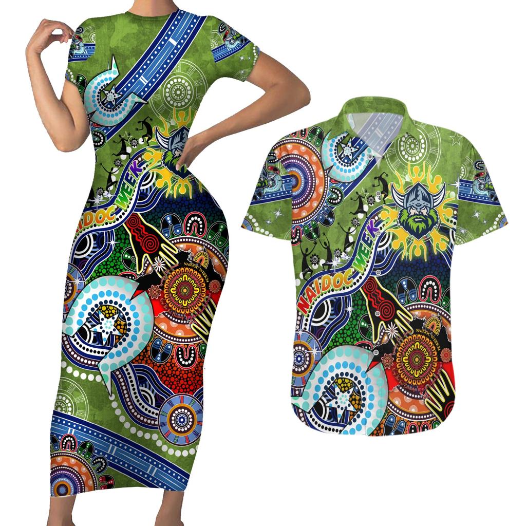 Personalised Raiders NAIDOC Week 2024 Couples Matching Short Sleeve Bodycon Dress and Hawaiian Shirt Australia Aboriginal Dot Painting