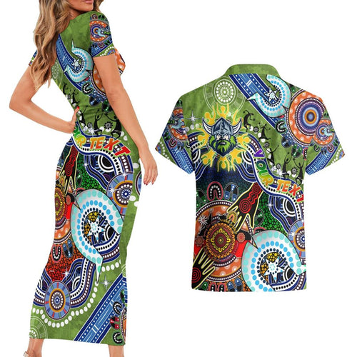 Personalised Raiders NAIDOC Week 2024 Couples Matching Short Sleeve Bodycon Dress and Hawaiian Shirt Australia Aboriginal Dot Painting