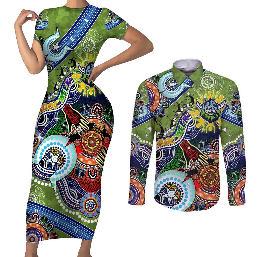 Personalised Raiders NAIDOC Week 2024 Couples Matching Short Sleeve Bodycon Dress and Long Sleeve Button Shirt Australia Aboriginal Dot Painting