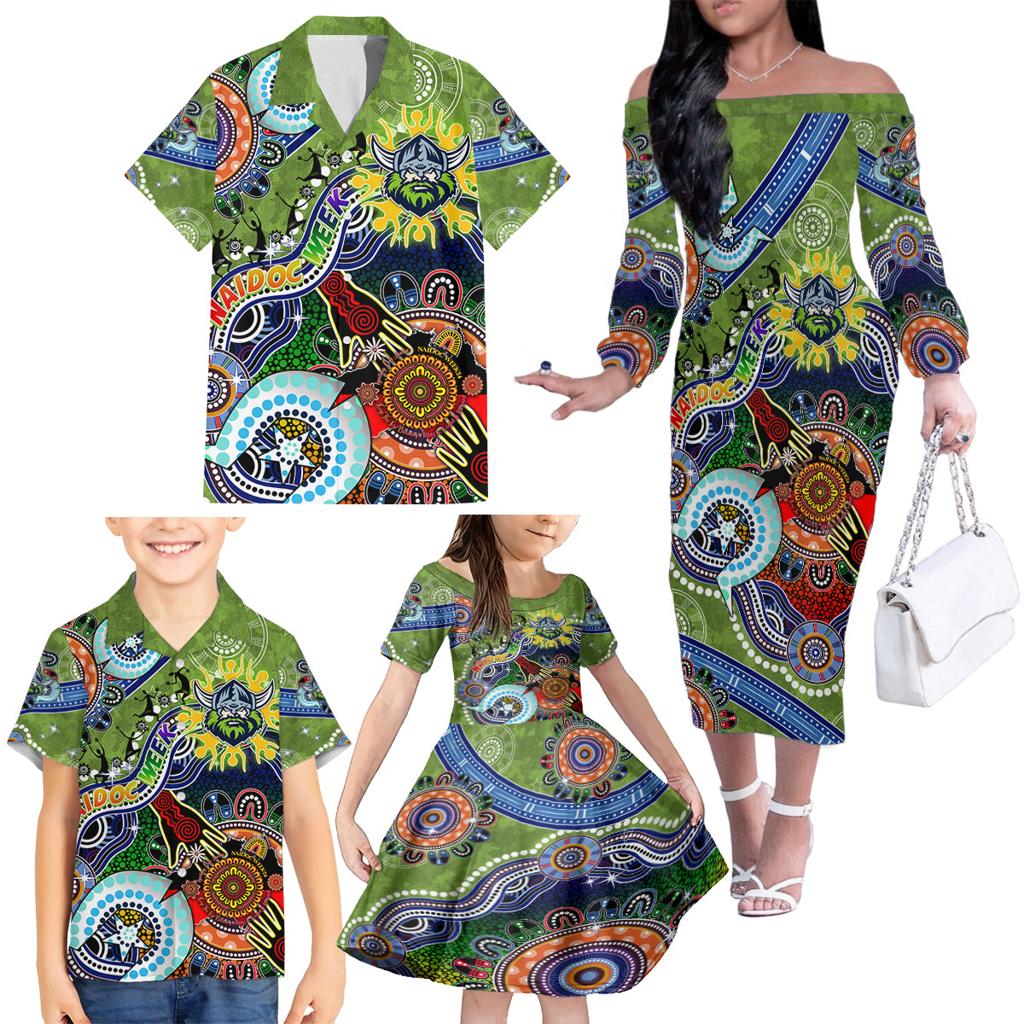 Personalised Raiders NAIDOC Week 2024 Family Matching Off The Shoulder Long Sleeve Dress and Hawaiian Shirt Australia Aboriginal Dot Painting