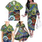 Personalised Raiders NAIDOC Week 2024 Family Matching Off The Shoulder Long Sleeve Dress and Hawaiian Shirt Australia Aboriginal Dot Painting