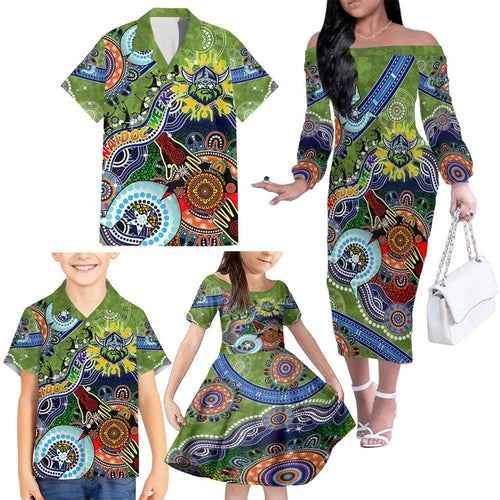 Personalised Raiders NAIDOC Week 2024 Family Matching Off The Shoulder Long Sleeve Dress and Hawaiian Shirt Australia Aboriginal Dot Painting
