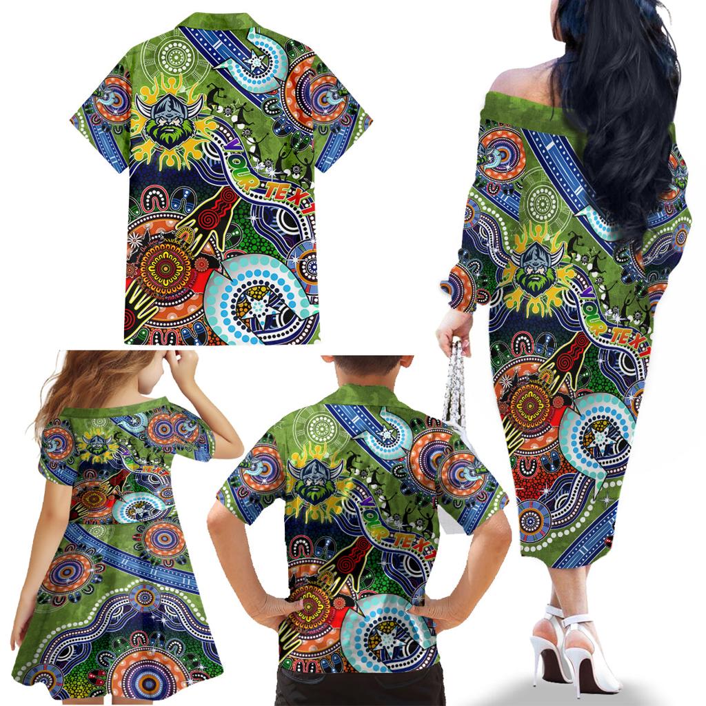Personalised Raiders NAIDOC Week 2024 Family Matching Off The Shoulder Long Sleeve Dress and Hawaiian Shirt Australia Aboriginal Dot Painting