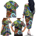 Personalised Raiders NAIDOC Week 2024 Family Matching Off The Shoulder Long Sleeve Dress and Hawaiian Shirt Australia Aboriginal Dot Painting