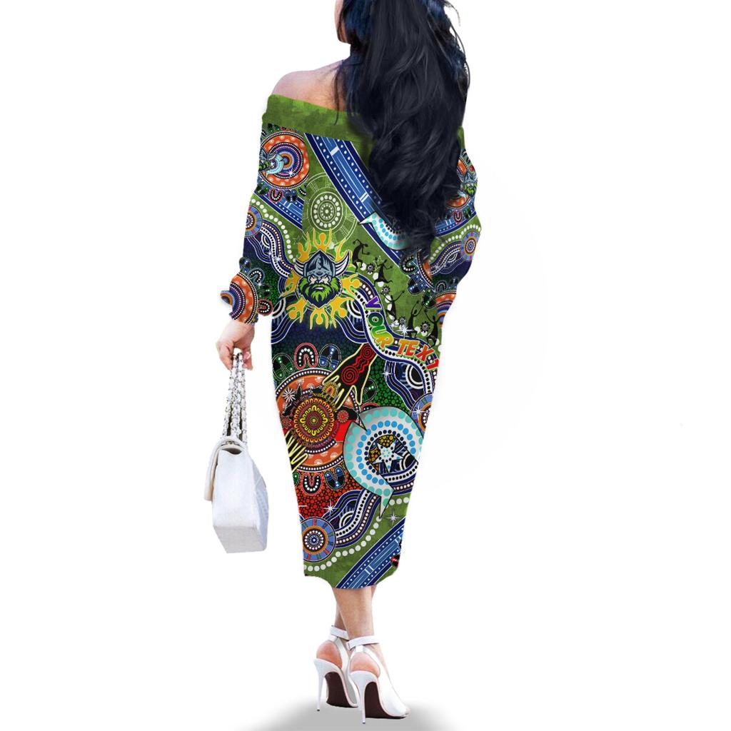 Personalised Raiders NAIDOC Week 2024 Family Matching Off The Shoulder Long Sleeve Dress and Hawaiian Shirt Australia Aboriginal Dot Painting