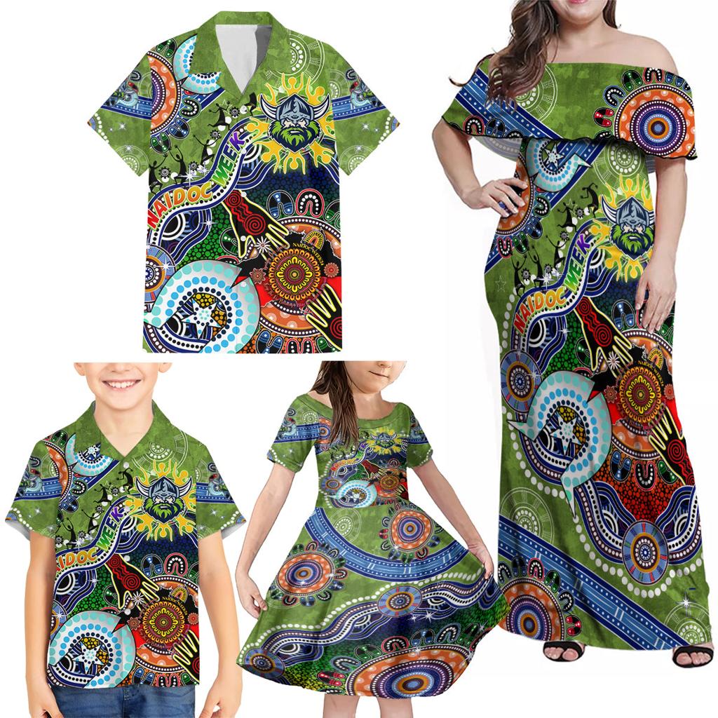 Personalised Raiders NAIDOC Week 2024 Family Matching Off Shoulder Maxi Dress and Hawaiian Shirt Australia Aboriginal Dot Painting