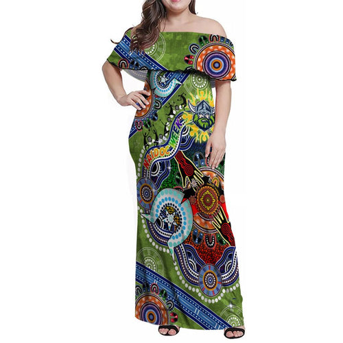 Personalised Raiders NAIDOC Week 2024 Family Matching Off Shoulder Maxi Dress and Hawaiian Shirt Australia Aboriginal Dot Painting