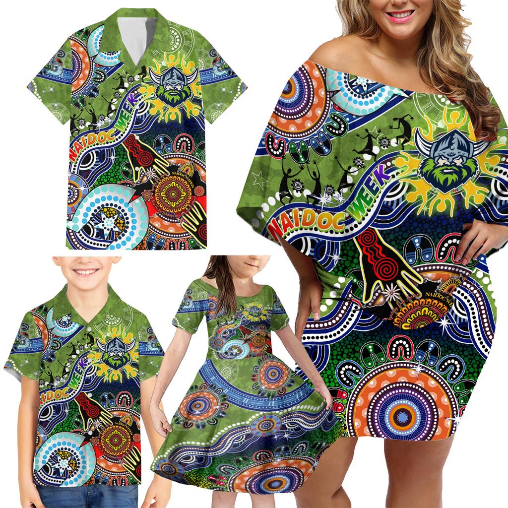 Personalised Raiders NAIDOC Week 2024 Family Matching Off Shoulder Short Dress and Hawaiian Shirt Australia Aboriginal Dot Painting