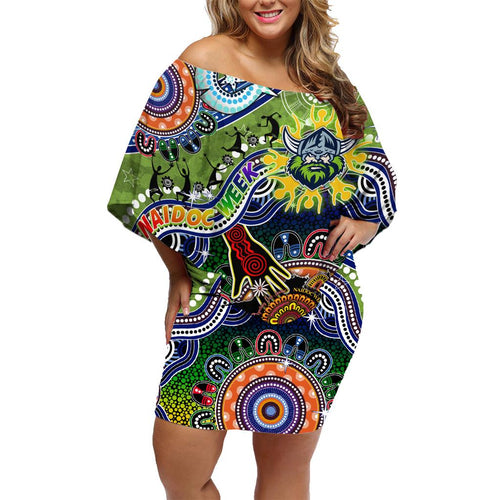 Personalised Raiders NAIDOC Week 2024 Family Matching Off Shoulder Short Dress and Hawaiian Shirt Australia Aboriginal Dot Painting