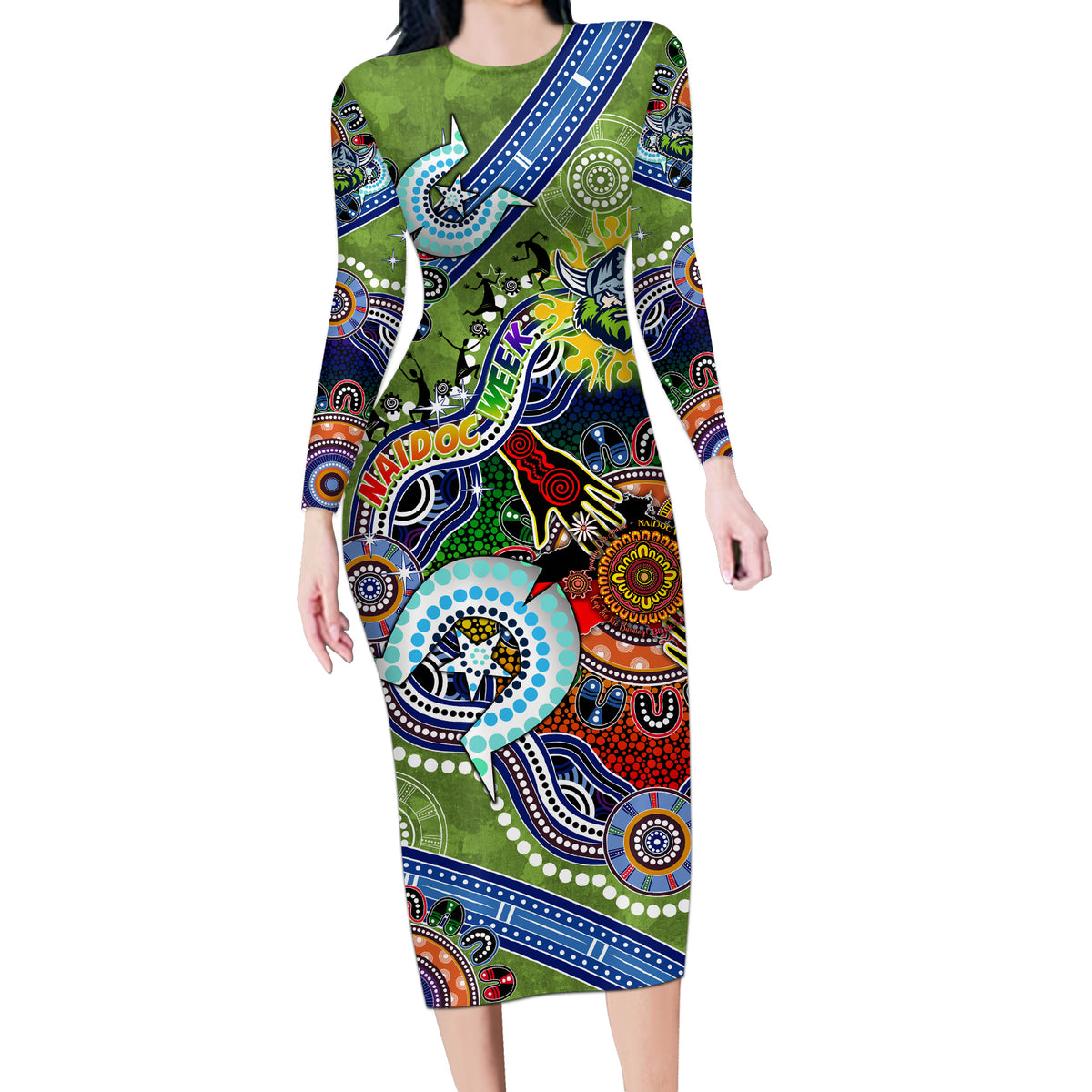 Personalised Raiders NAIDOC Week 2024 Long Sleeve Bodycon Dress Australia Aboriginal Dot Painting