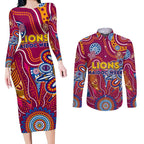 Personalised Crows NAIDOC Week 2024 Couples Matching Long Sleeve Bodycon Dress and Long Sleeve Button Shirt Aussie Aboriginal Art
