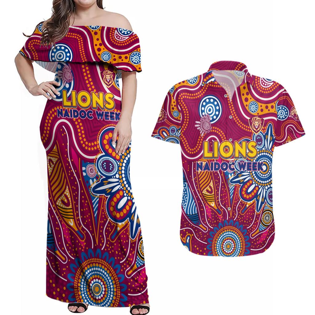 Personalised Crows NAIDOC Week 2024 Couples Matching Off Shoulder Maxi Dress and Hawaiian Shirt Aussie Aboriginal Art