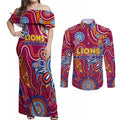 Personalised Crows NAIDOC Week 2024 Couples Matching Off Shoulder Maxi Dress and Long Sleeve Button Shirt Aussie Aboriginal Art