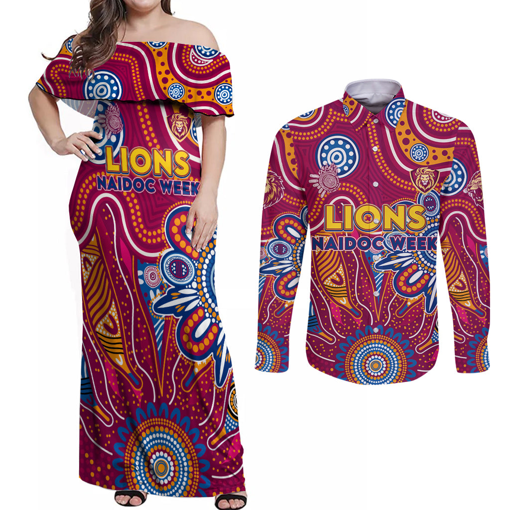 Personalised Crows NAIDOC Week 2024 Couples Matching Off Shoulder Maxi Dress and Long Sleeve Button Shirt Aussie Aboriginal Art