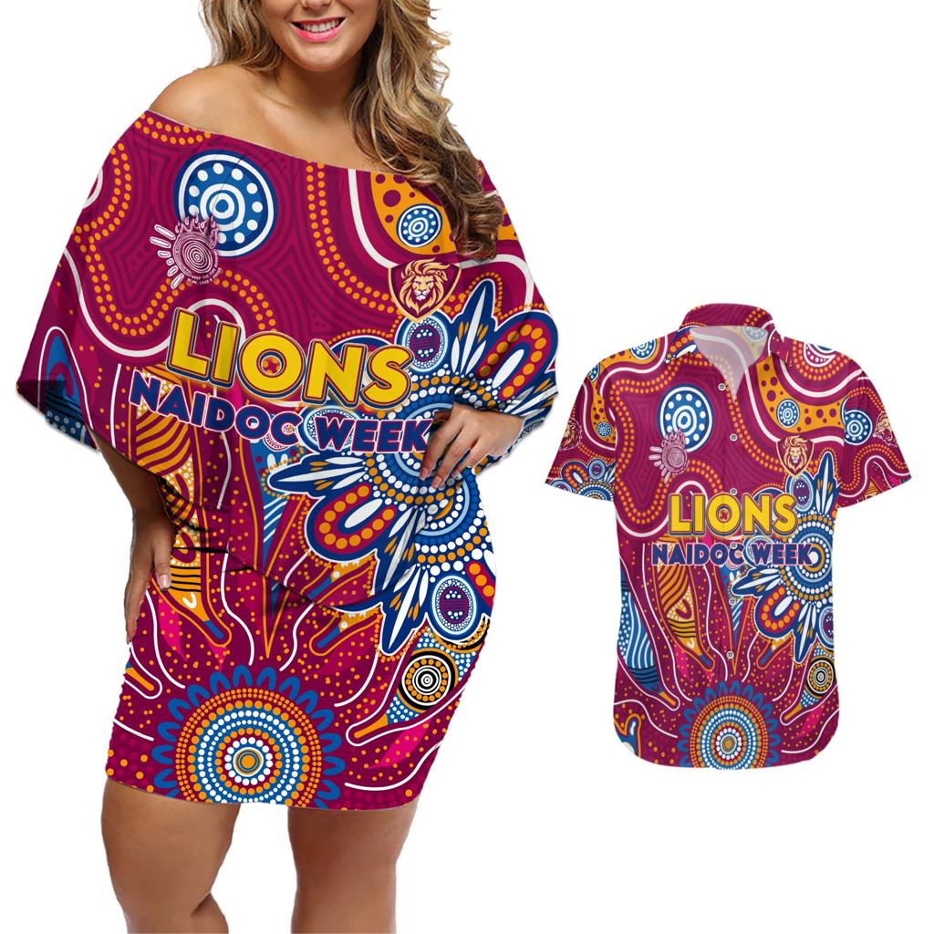 Personalised Crows NAIDOC Week 2024 Couples Matching Off Shoulder Short Dress and Hawaiian Shirt Aussie Aboriginal Art