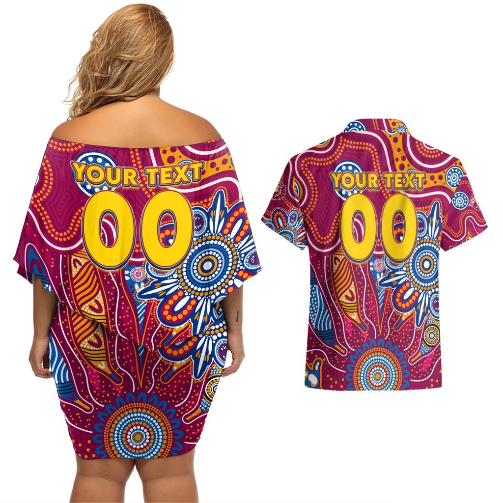 Personalised Crows NAIDOC Week 2024 Couples Matching Off Shoulder Short Dress and Hawaiian Shirt Aussie Aboriginal Art